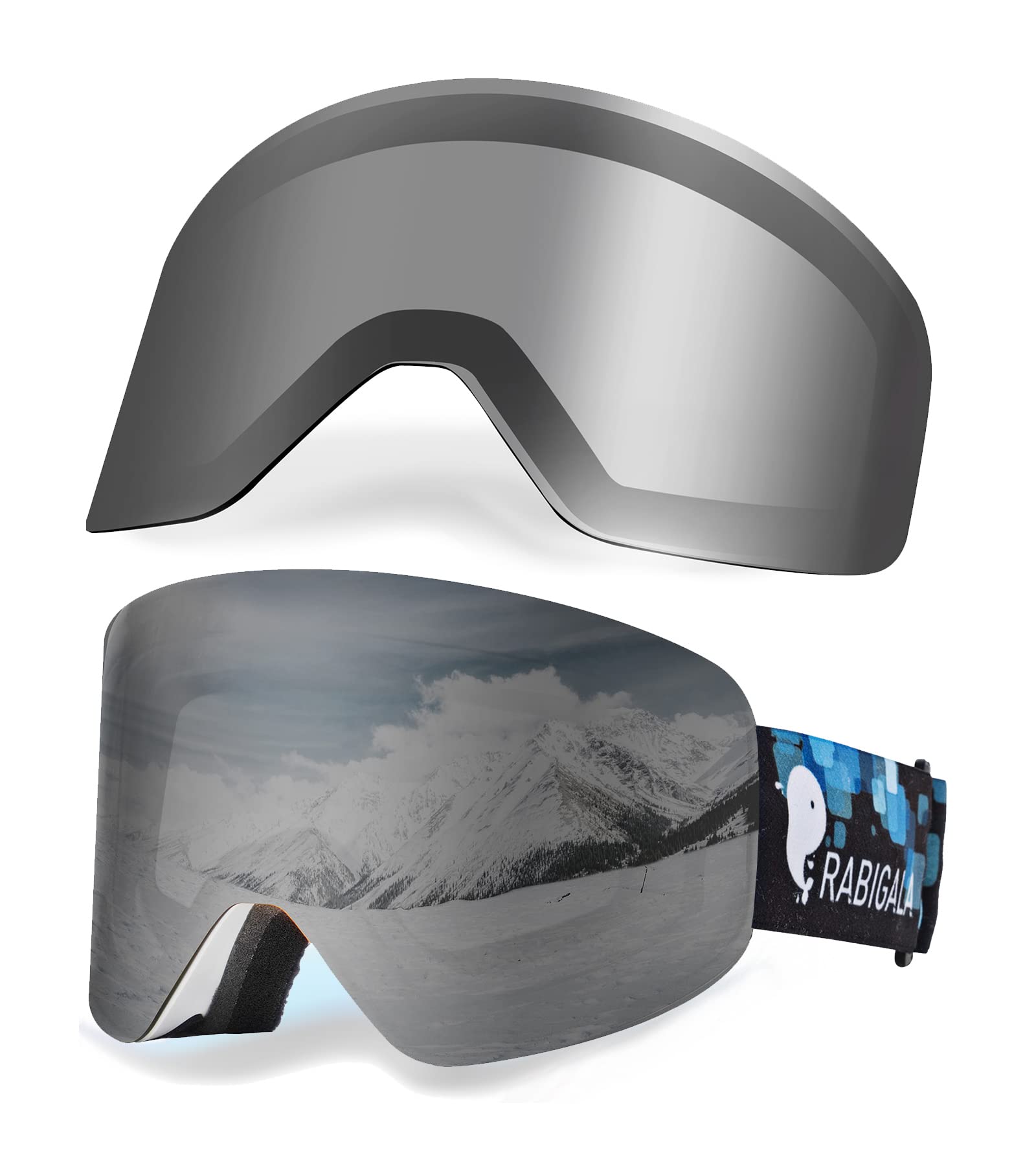 RABIGALA Ski Goggles with Detachable Lens, Frameless Magnetic Interchangeable Lens Anti-Fog 100% UV Protection Snowboard Snow Goggles (silver/silver)