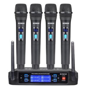 Wireless Microphone System, BOMGE Pro 4-Channel Cordless Mic Set with Four Handheld Mics, Fixed Frequency, Long Range 200ft, Ideal for Church,Karaoke, Events (V410)