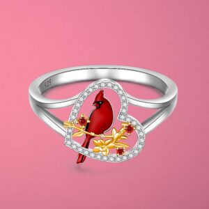 Cardinal Ring for Women Sterling Silver Heart Red Bird Cardinal Jewelry Spiritual Memorial Gifts for Loss of Loved One Size 8