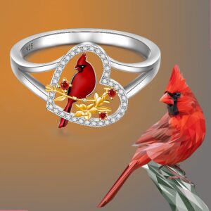 Cardinal Ring for Women Sterling Silver Heart Red Bird Cardinal Jewelry Spiritual Memorial Gifts for Loss of Loved One Size 8