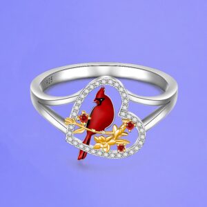 Cardinal Ring for Women Sterling Silver Heart Red Bird Cardinal Jewelry Spiritual Memorial Gifts for Loss of Loved One Size 8