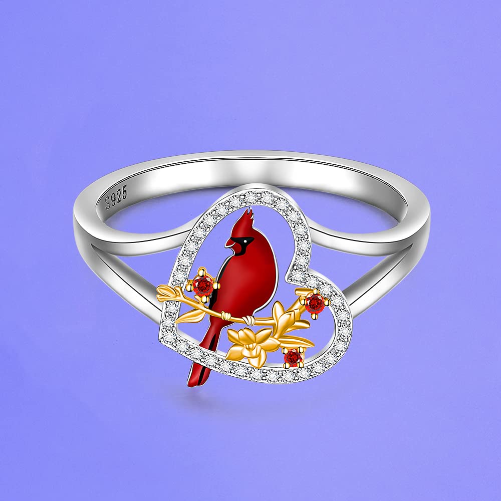 Cardinal Ring for Women Sterling Silver Heart Red Bird Cardinal Jewelry Spiritual Memorial Gifts for Loss of Loved One Size 8