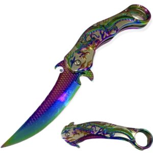 Super Knife Dark Side Blades Dragon Knife 9-'' Spring Assisted Folding Pocket Knife Color Coated. Fantasy Knife for Hunting, Camping (Rainbow)