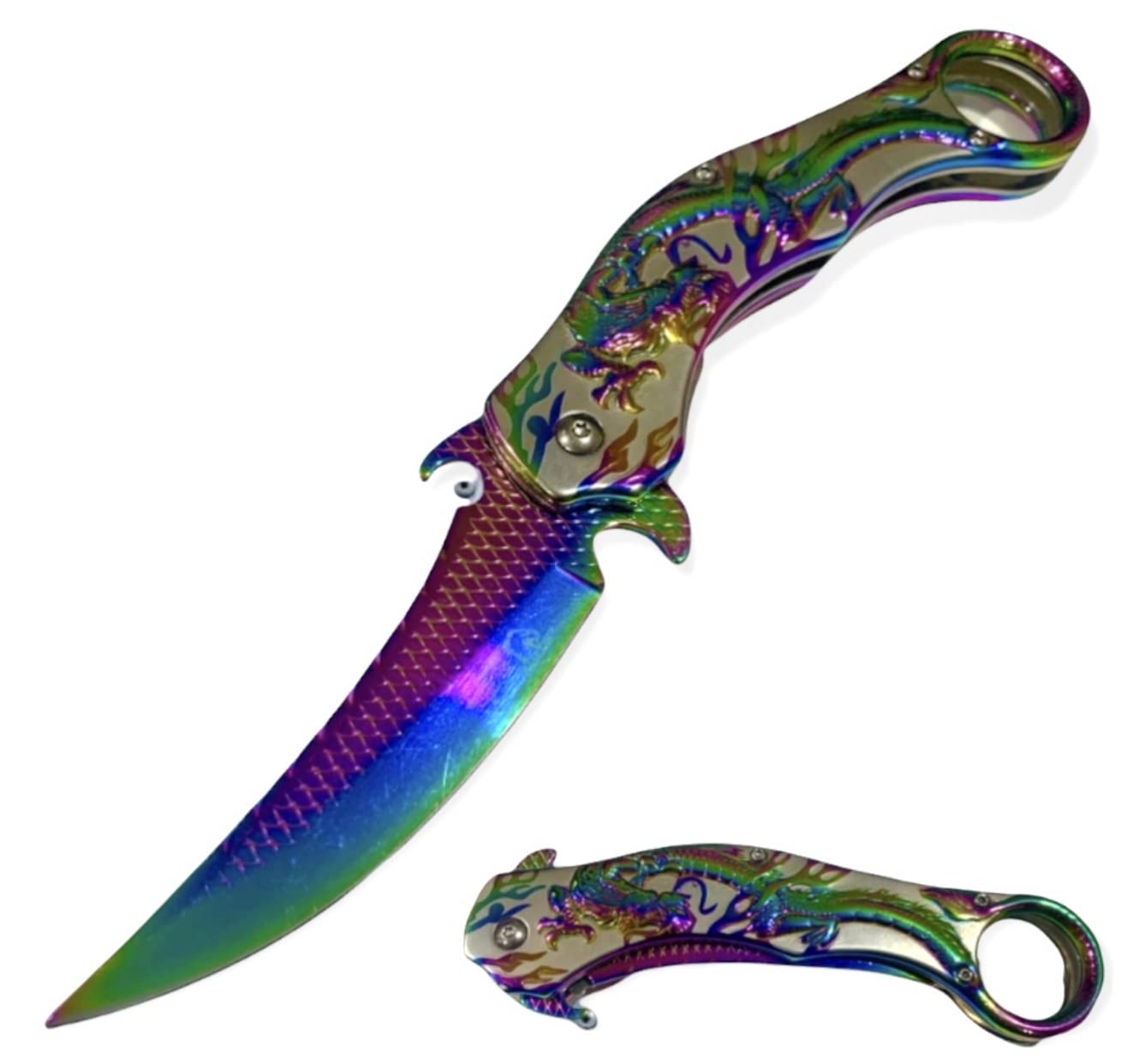 Super Knife Dark Side Blades Dragon Knife 9-'' Spring Assisted Folding Pocket Knife Color Coated. Fantasy Knife for Hunting, Camping (Rainbow)