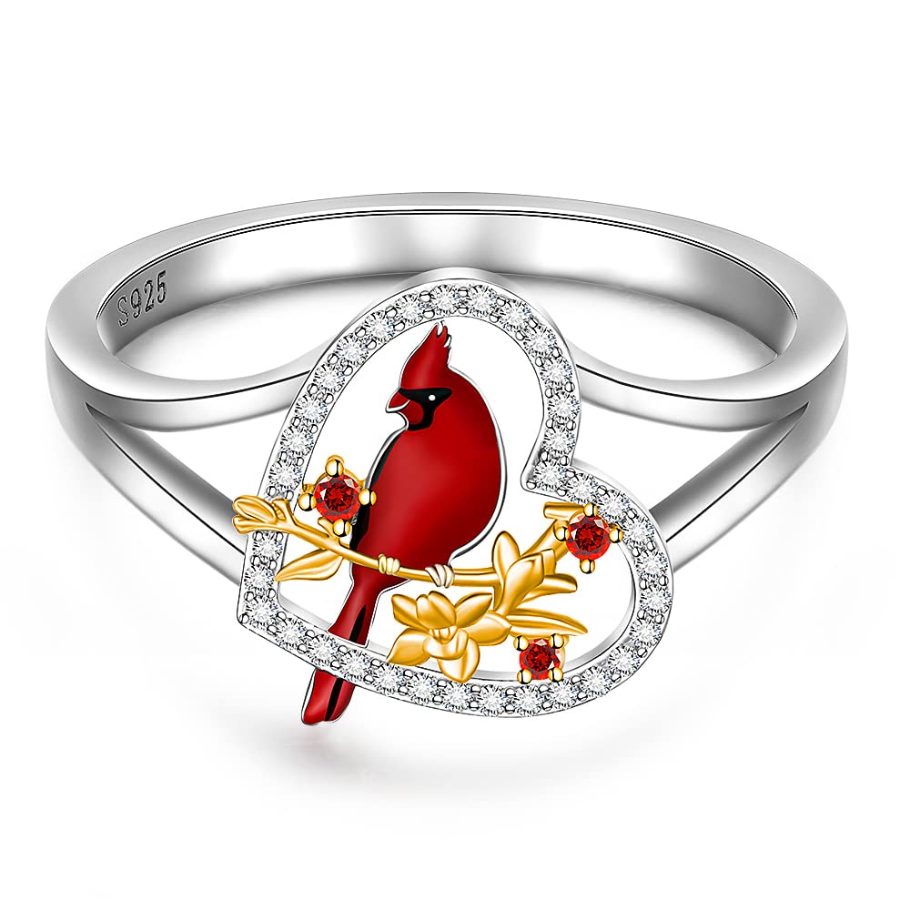 Cardinal Ring for Women Sterling Silver Heart Red Bird Cardinal Jewelry Spiritual Memorial Gifts for Loss of Loved One Size 8