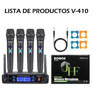 Wireless Microphone System, BOMGE Pro 4-Channel Cordless Mic Set with Four Handheld Mics, Fixed Frequency, Long Range 200ft, Ideal for Church,Karaoke, Events (V410)