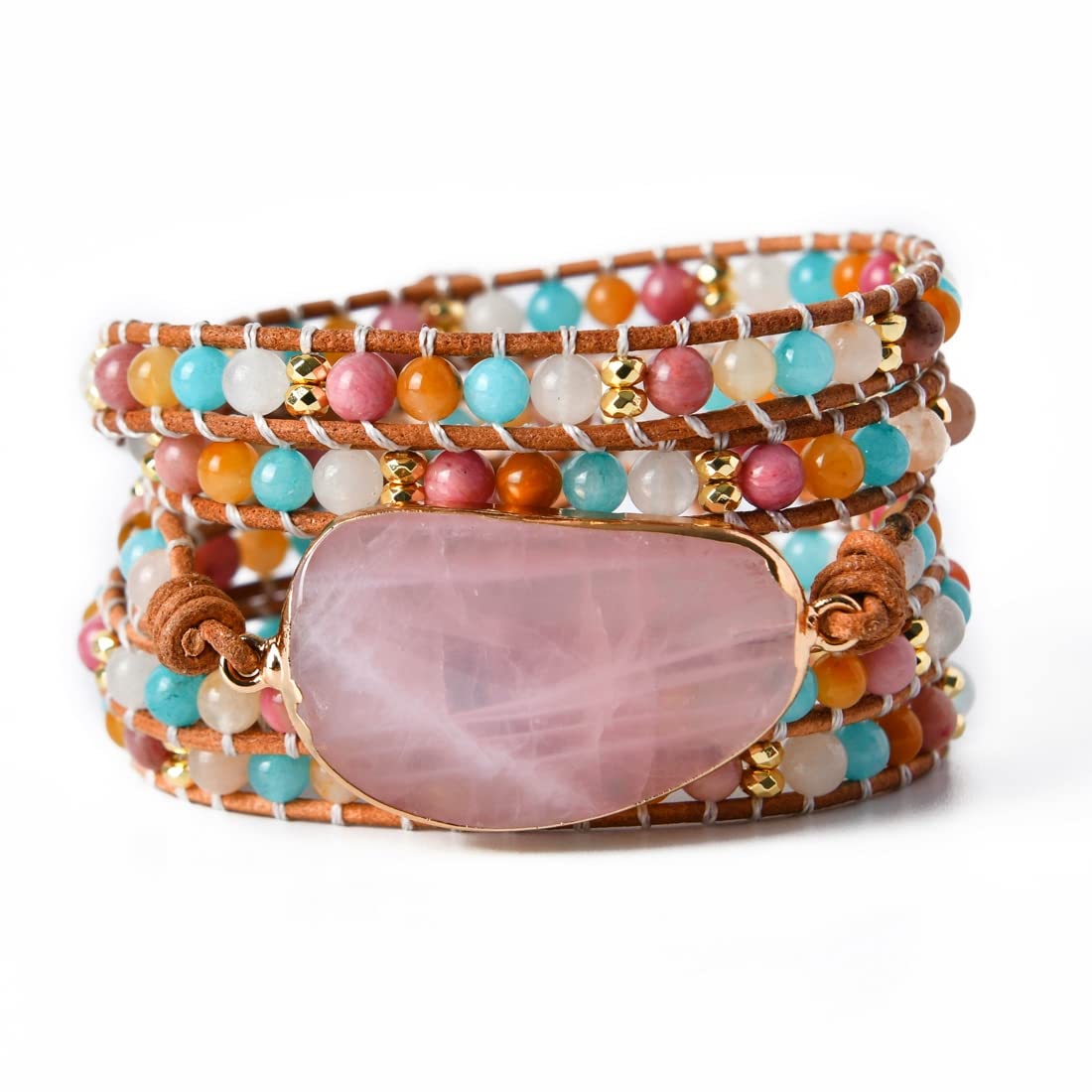 YGLINE Natural Stone Bracelet 5 Wraps Bracelet Handmade Blue Color Boho Bracelet for Women Bracelet (Rose Quartz 2)