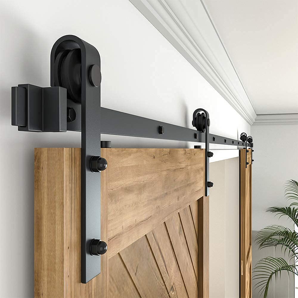 WINSOON 18FT Sliding Barn Wood Door Hardware Cabinet Closet Kit with 2PCS 12 Inch Sliding Barn Door Handles Black Hardware with Pull and Flush Barn Door Handle Set