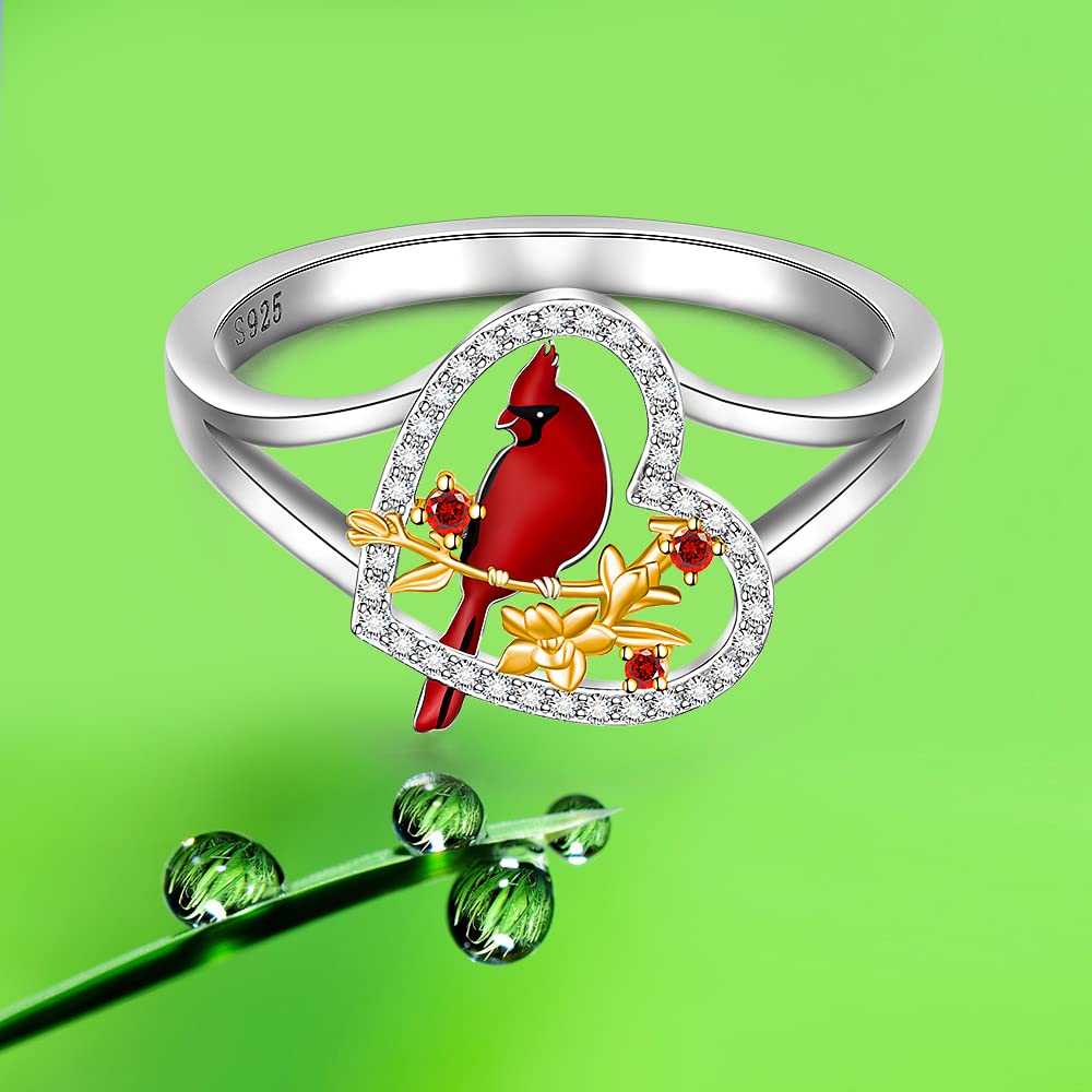 Cardinal Ring for Women Sterling Silver Heart Red Bird Cardinal Jewelry Spiritual Memorial Gifts for Loss of Loved One Size 8