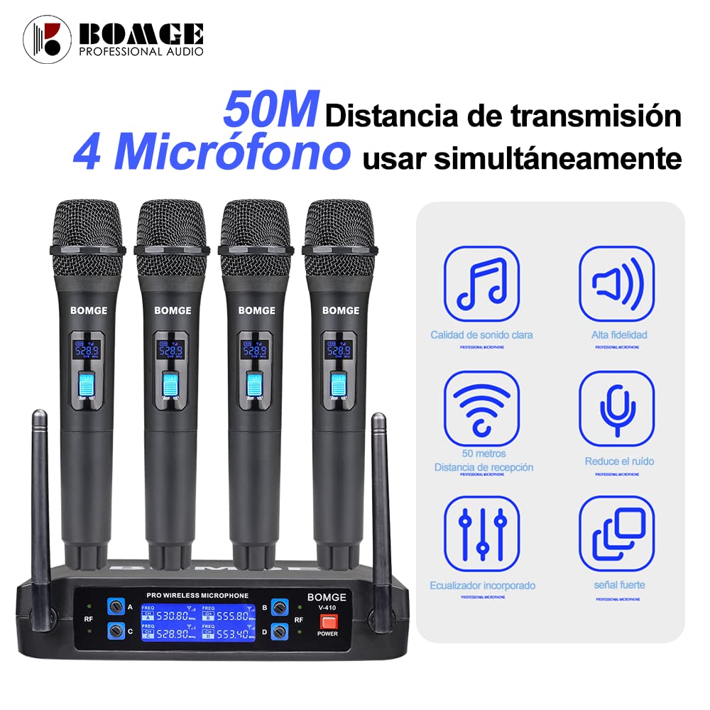 Wireless Microphone System, BOMGE Pro 4-Channel Cordless Mic Set with Four Handheld Mics, Fixed Frequency, Long Range 200ft, Ideal for Church,Karaoke, Events (V410)