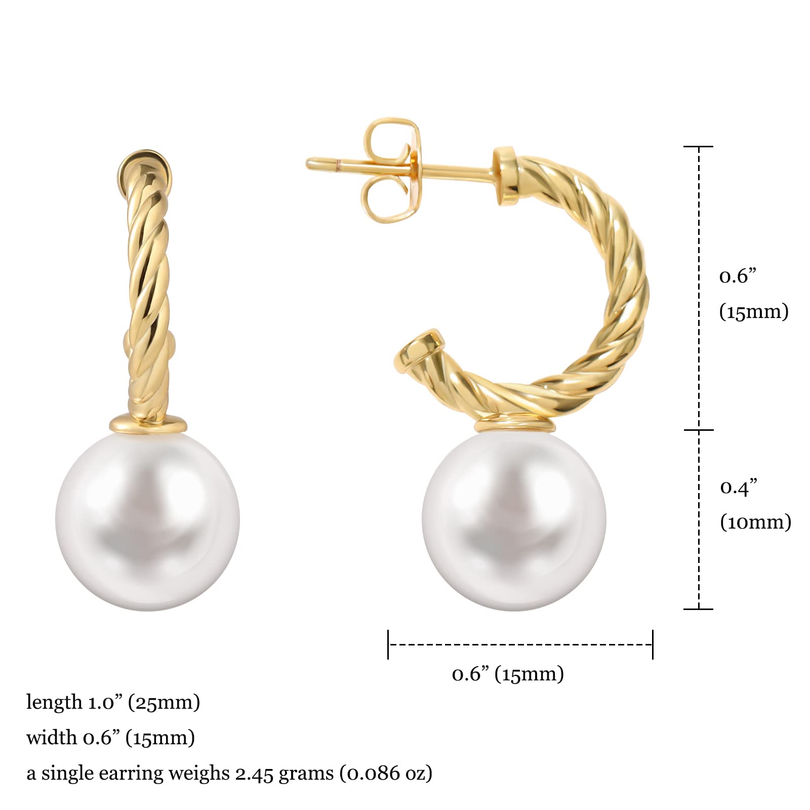 MESOVOR Pearl Drop Earrings for Women, 18K Gold Plated Twisted C Shape Gold Hoop Earrings Jewelry Gift for Mother Wife(Gold)