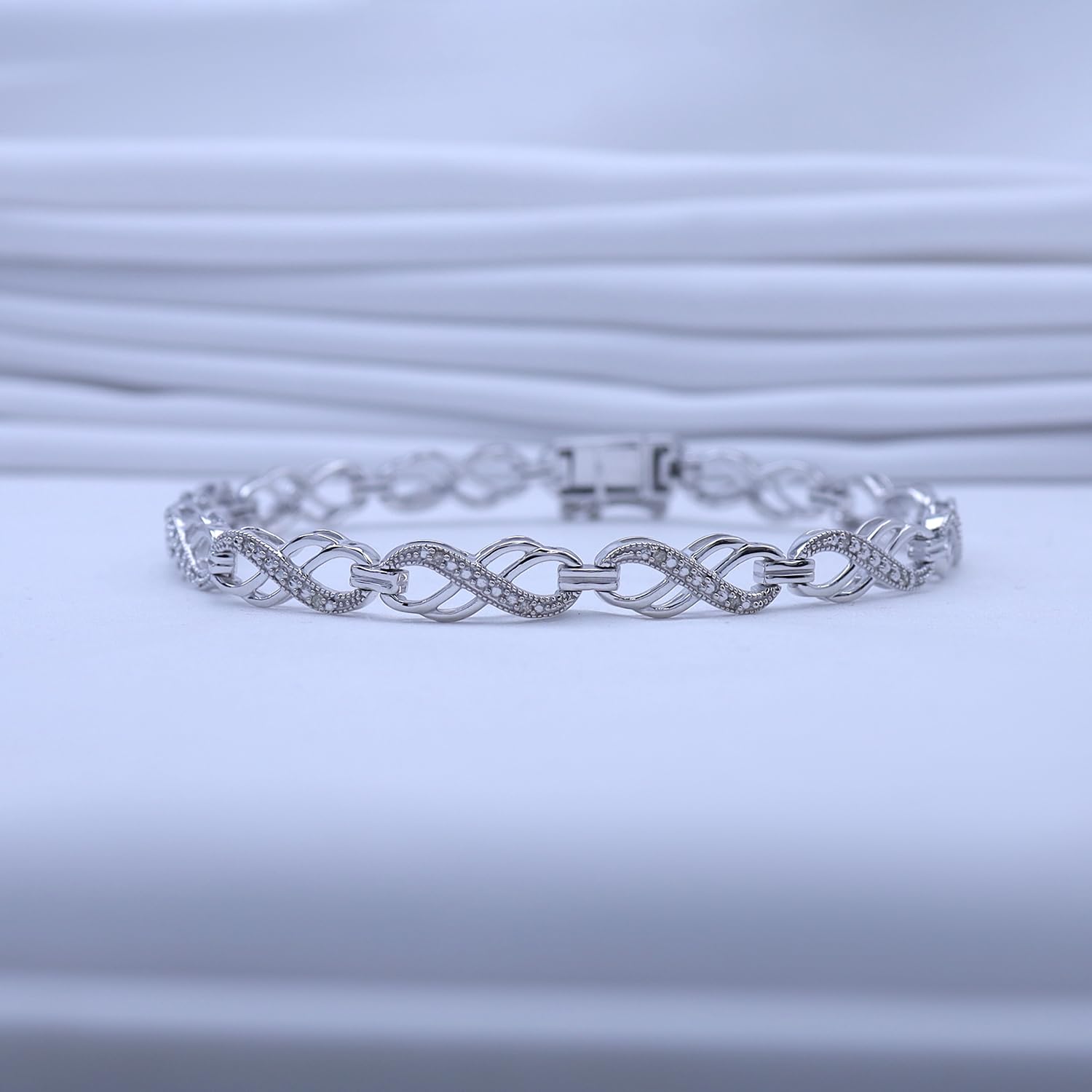 1/10 Carat Round Cut Natural White Diamond Double Infinity Loop Bracelet for Women in 14K White Gold Over Sterling Silver, Size- 7.00 (Clarity : I2-I3, Color : I-J, 0.10 Cttw) 7.00Inch