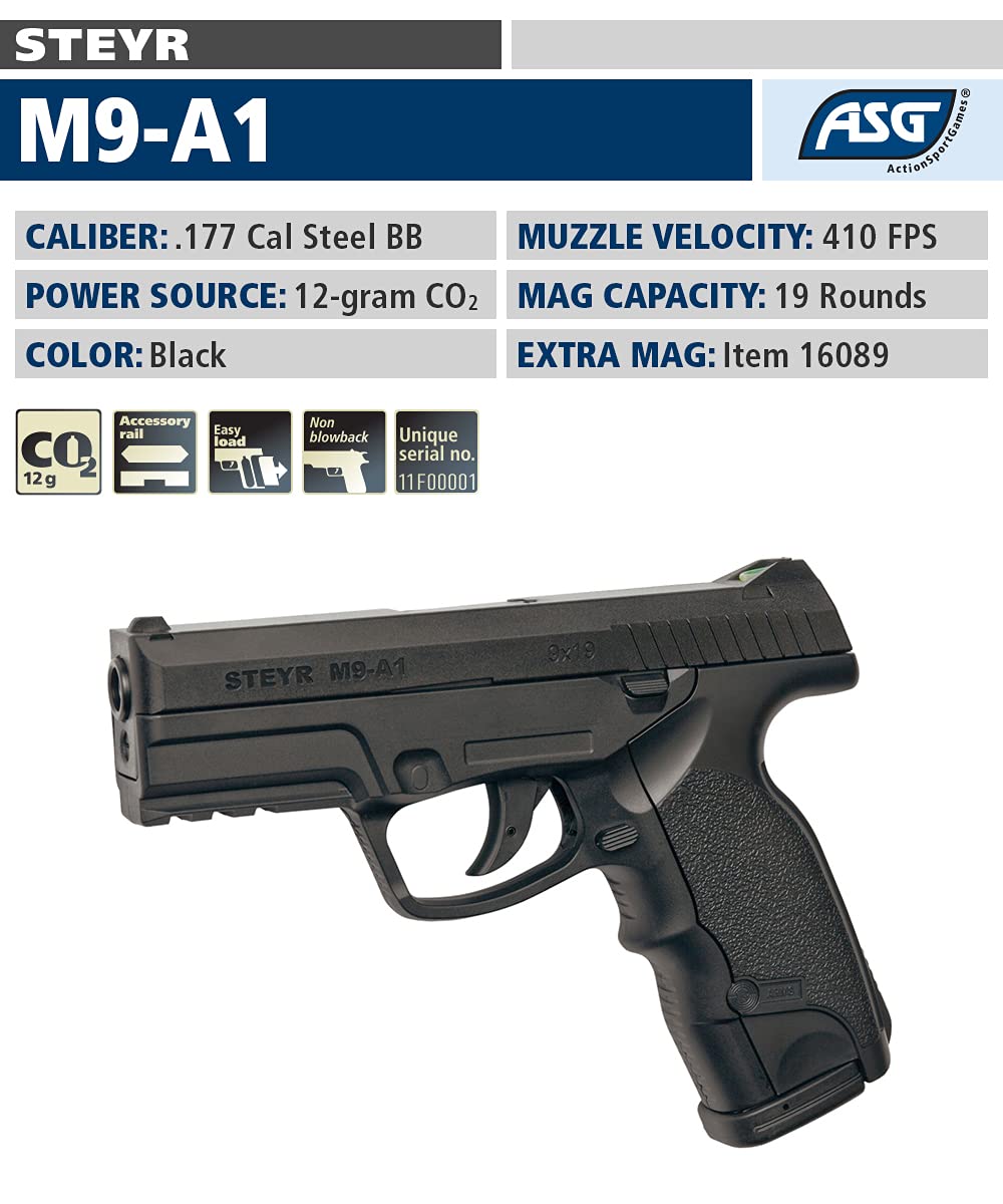 ASG Steyr M9-A1 .177 Caliber Steel BB Gun Non-Blowback Air Pistol, Black