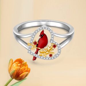 Cardinal Ring for Women Sterling Silver Heart Red Bird Cardinal Jewelry Spiritual Memorial Gifts for Loss of Loved One Size 8