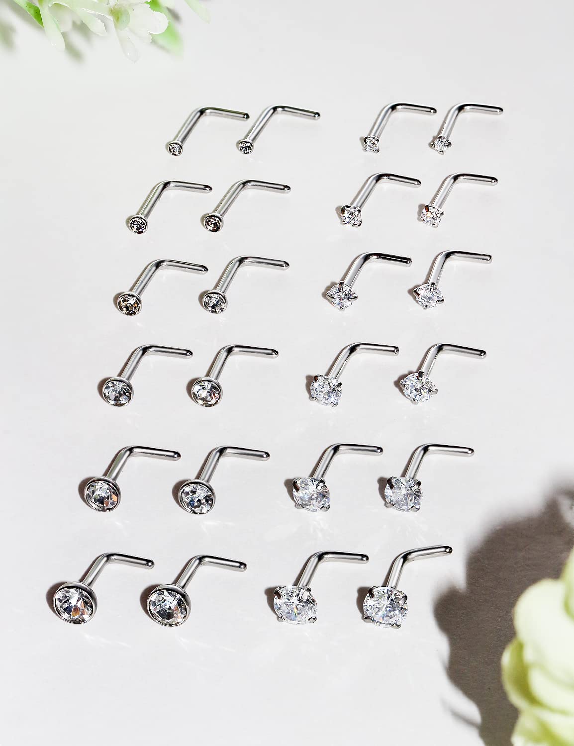 Lsnevsie Nose Rings Studs for Women 18G Surgical Stainless Steel L Shaped Curved l Silver Nose Stud Ring Body Piercing Jewelry for Men Diamond CZ 1.5mm 2mm 2.5mm 3mm 3.5mm 4mm