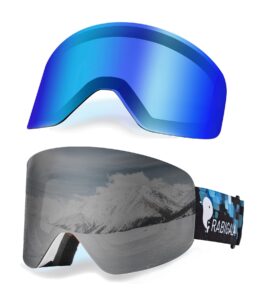 rabigala ski goggles with detachable lens, frameless magnetic interchangeable lens anti-fog 100% uv protection snowboard snow goggles (silver/blue)