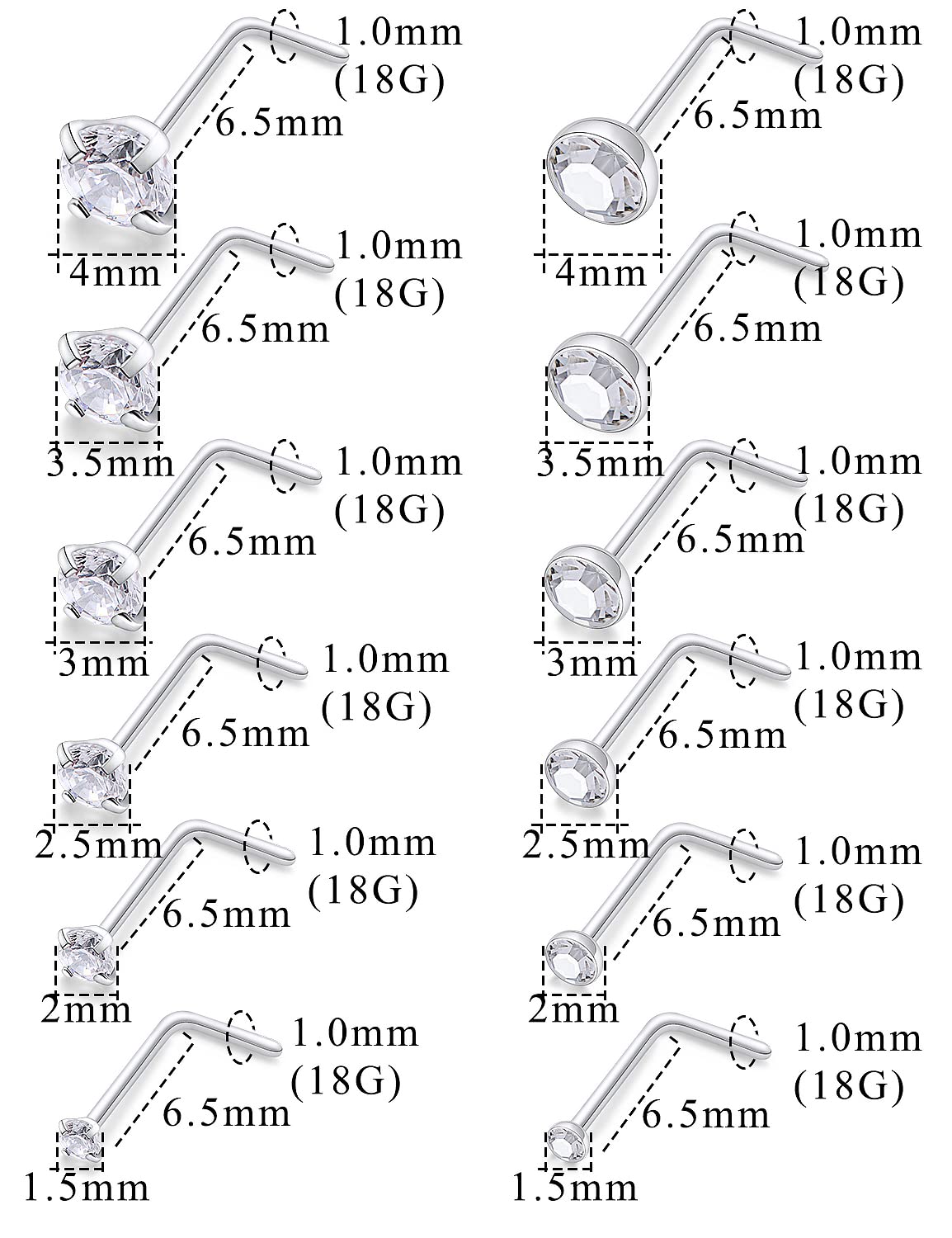 Lsnevsie Nose Rings Studs for Women 18G Surgical Stainless Steel L Shaped Curved l Silver Nose Stud Ring Body Piercing Jewelry for Men Diamond CZ 1.5mm 2mm 2.5mm 3mm 3.5mm 4mm