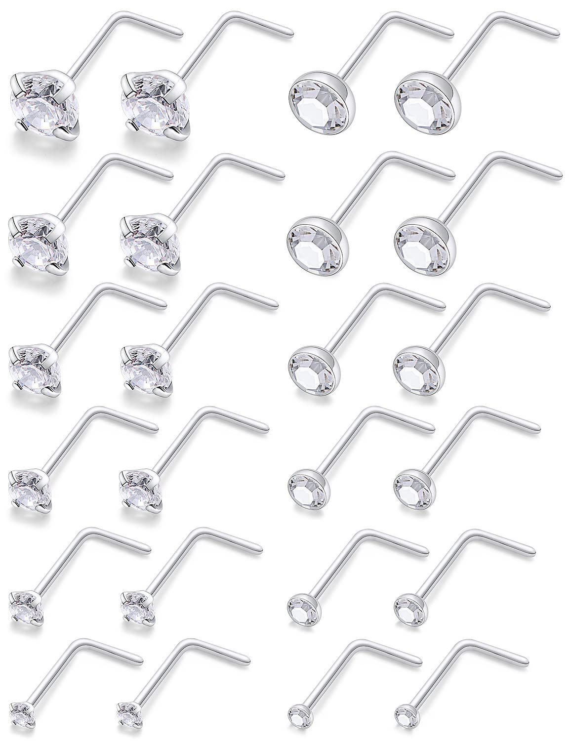 Lsnevsie Nose Rings Studs for Women 18G Surgical Stainless Steel L Shaped Curved l Silver Nose Stud Ring Body Piercing Jewelry for Men Diamond CZ 1.5mm 2mm 2.5mm 3mm 3.5mm 4mm