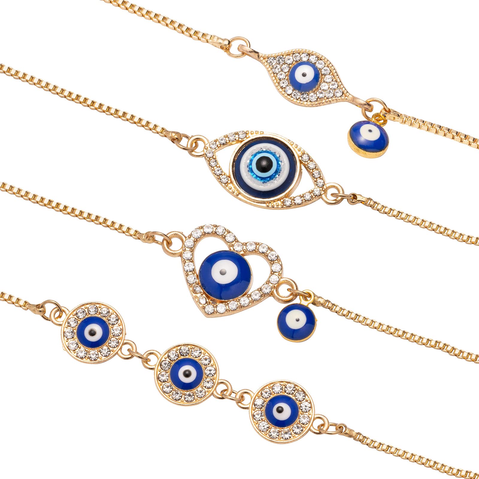 QUPIVA 4 Pack Evil Eye Bracelets Pack for Women 14K Gold Plated Blue Evil Eye String Protection Bracelet Aesthetic Jewelry