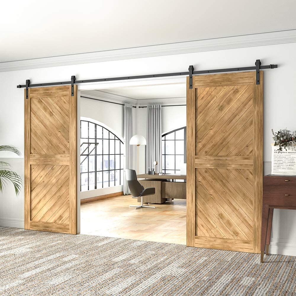 WINSOON 18FT Sliding Barn Wood Door Hardware Cabinet Closet Kit with 2PCS 12 Inch Sliding Barn Door Handles Black Hardware with Pull and Flush Barn Door Handle Set