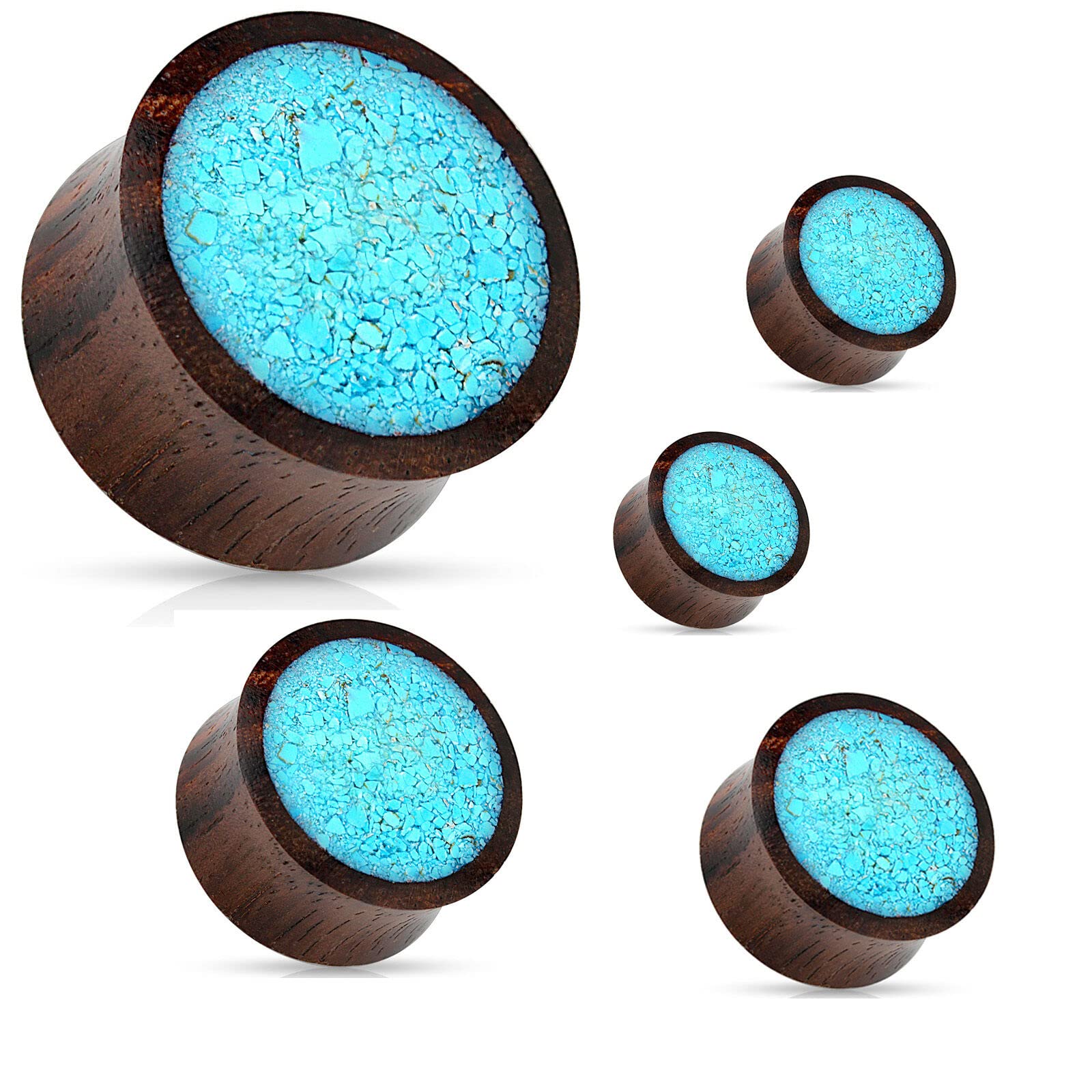 Pair Crushed Turquoise Stone Set in Organic Wood Saddle Ear Plugs - 0G