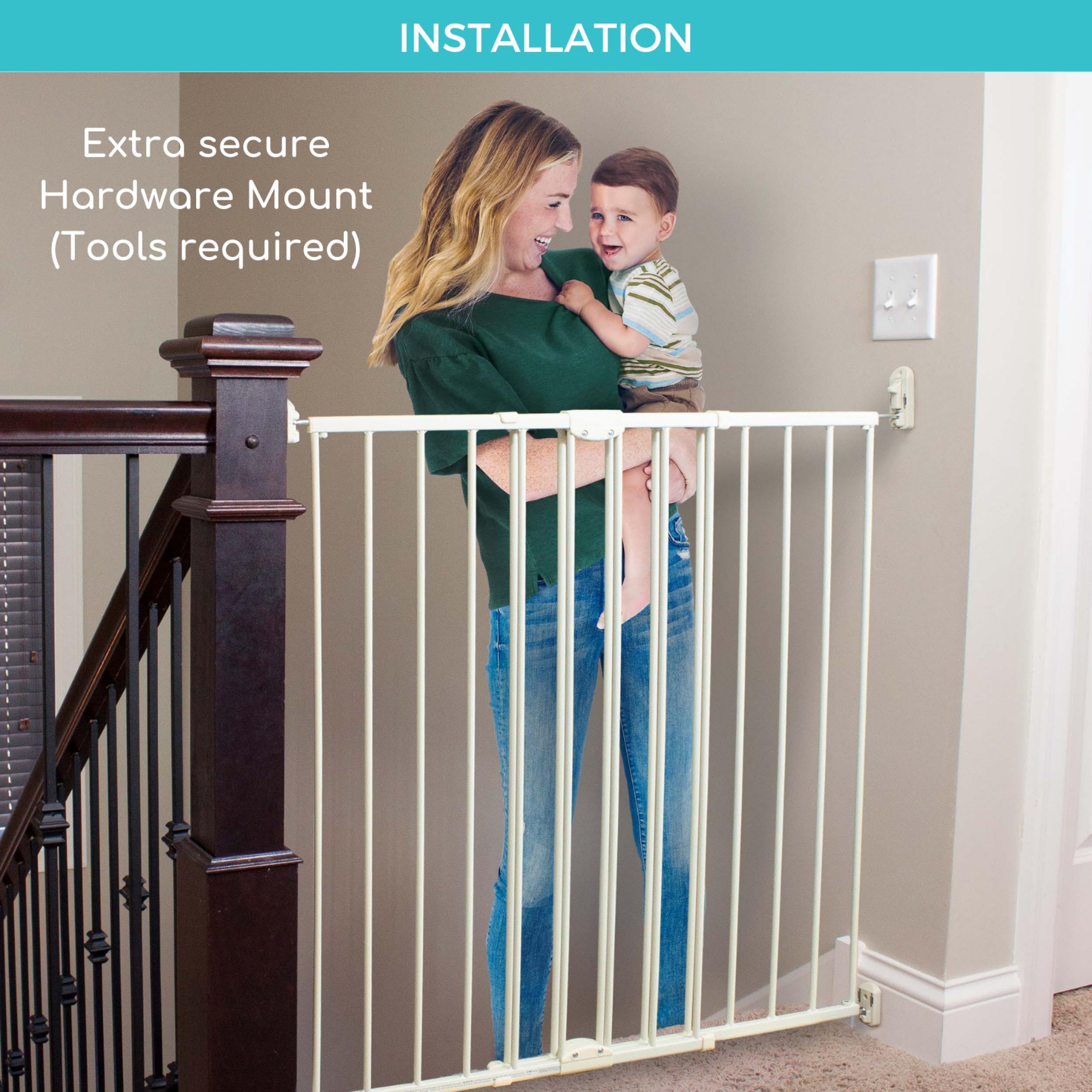 Toddleroo by North States Baby Gate for Stairs and Doorways: Tall Easy Swing & Lock Series 2 Child Gate, Fits Openings 28.68"-47.85" Wide. Safety Latch, Hardware Mount. (36" Tall, Warm White)