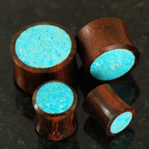 Pair Crushed Turquoise Stone Set in Organic Wood Saddle Ear Plugs - 0G