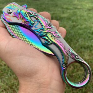 Super Knife Dark Side Blades Dragon Knife 9-'' Spring Assisted Folding Pocket Knife Color Coated. Fantasy Knife for Hunting, Camping (Rainbow)