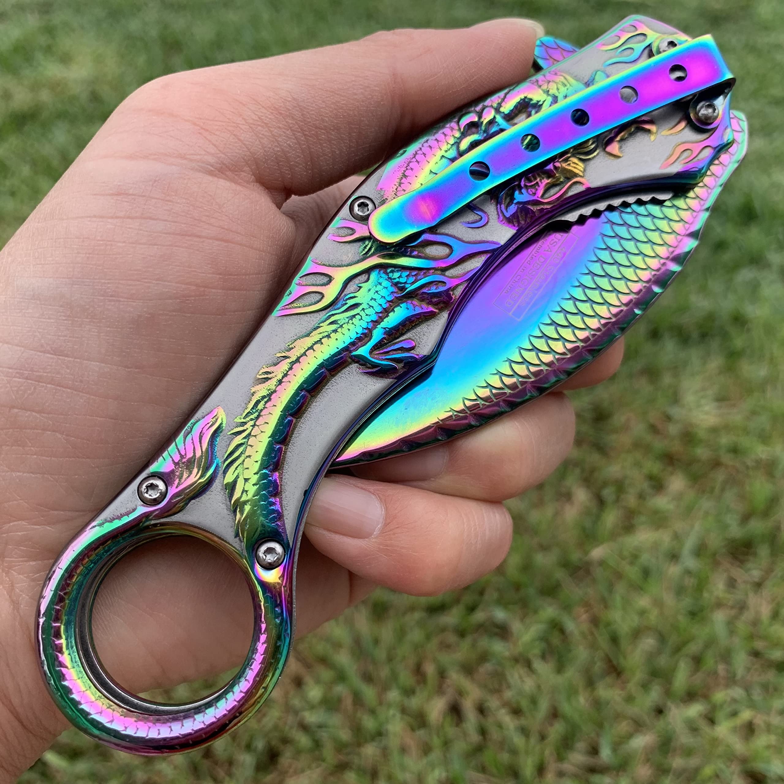 Super Knife Dark Side Blades Dragon Knife 9-'' Spring Assisted Folding Pocket Knife Color Coated. Fantasy Knife for Hunting, Camping (Rainbow)