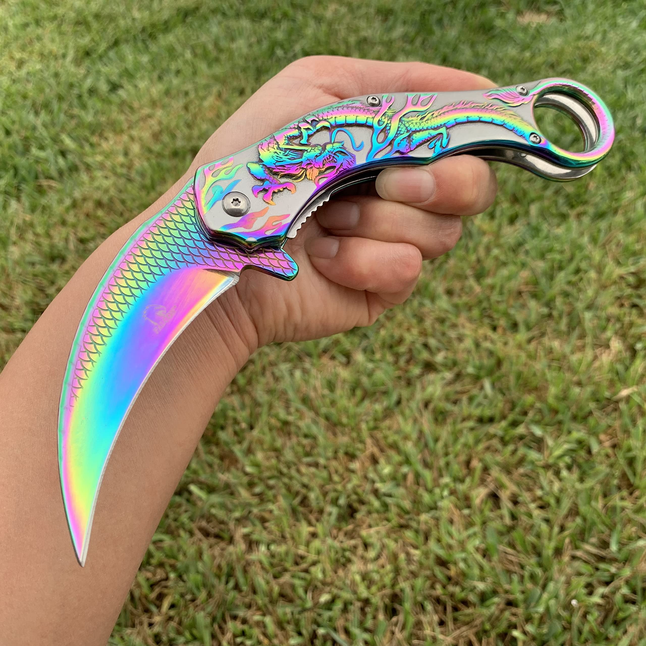 Super Knife Dark Side Blades Dragon Knife 9-'' Spring Assisted Folding Pocket Knife Color Coated. Fantasy Knife for Hunting, Camping (Rainbow)