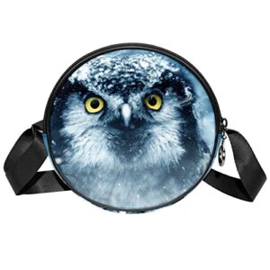 nature owl bird winter snow crossbody bag for women teen girls round canvas shoulder bag purse tote handbag bag