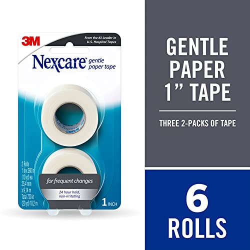 Nexcare Gentle Paper Tape, Medical Paper Tape, Secures Dressings and Lifts Away Gently - 1 In x 10 Yds, 6 Rolls of Tape