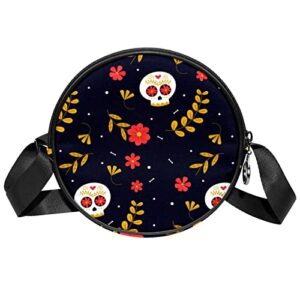 flowered skulls crossbody bag for women teen girls round canvas shoulder bag purse tote handbag bag