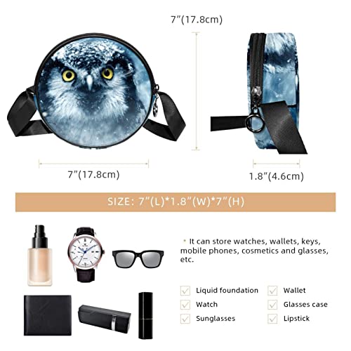 Nature Owl Bird Winter Snow Crossbody Bag for Women Teen Girls Round Canvas Shoulder Bag Purse Tote Handbag Bag