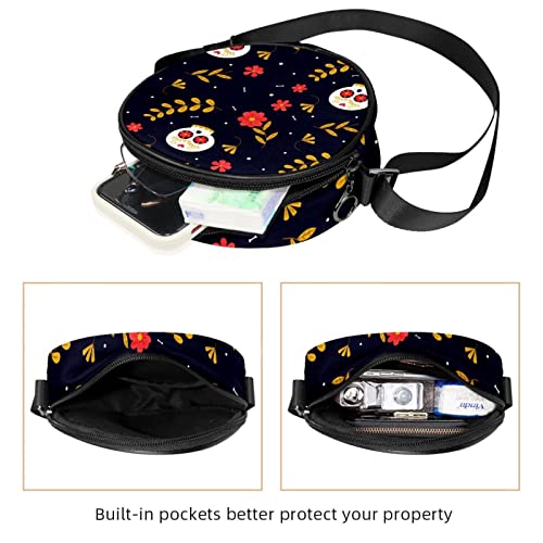 Flowered Skulls Crossbody Bag for Women Teen Girls Round Canvas Shoulder Bag Purse Tote Handbag Bag