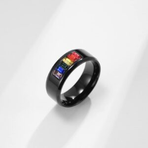 Couples Matching Rings Custom, Stainless Steel Engagement Rings Size 7 and Size 8 Black LGBT Ring with Rainbow Cubic Zirconia