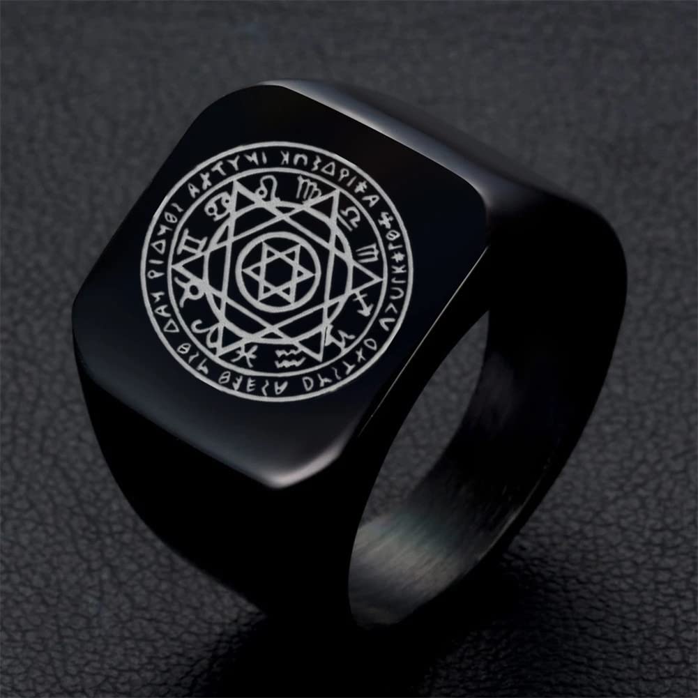 Black Gothic Seal of Solomon Sigil Ring Magic Runes Stainless Steel Signet Rings Solomonic Shatkona Hexagram 12 Constellation Protection Finger Ring Pagan Amulet Jewelry for Men Women, Size 9