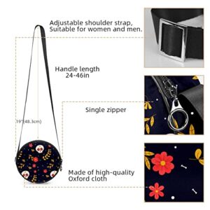 Flowered Skulls Crossbody Bag for Women Teen Girls Round Canvas Shoulder Bag Purse Tote Handbag Bag