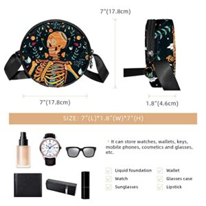 Day of the Dead Skull Flowers Crossbody Bag for Women Teen Girls Round Canvas Shoulder Bag Purse Tote Handbag Bag