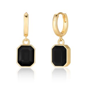 birthstone crystal dangle drop earrings, 18k gold plated huggie hoop hypoallergenic earring jewelry gifts for women (black)