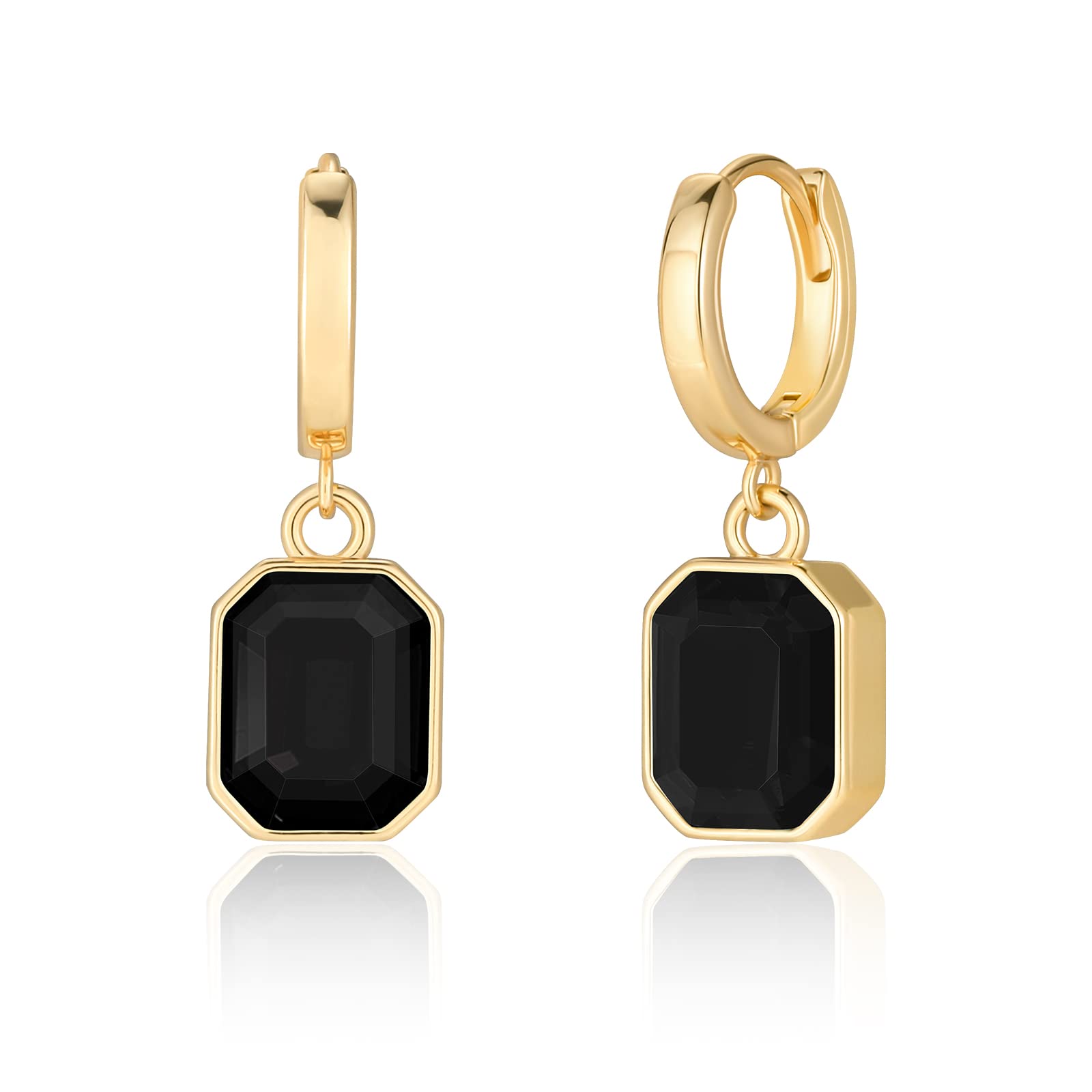 Birthstone Crystal Dangle Drop Earrings, 18K Gold Plated Huggie Hoop Hypoallergenic Earring Jewelry Gifts for Women (Black)