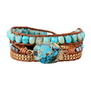 zosojona women wrap bracelets boho natural stone jasper turquoises strand bracelet jewelry collection (gold turquoise)