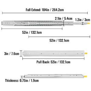 VEVOR Drawer Slides with Lock, 1 Pair 52 inch, Industrial Drawer Slides up to 500 lbs Capacity, 3-Fold Full Extension, Ball Bearing Lock-in & Lock-Out, Side Mount