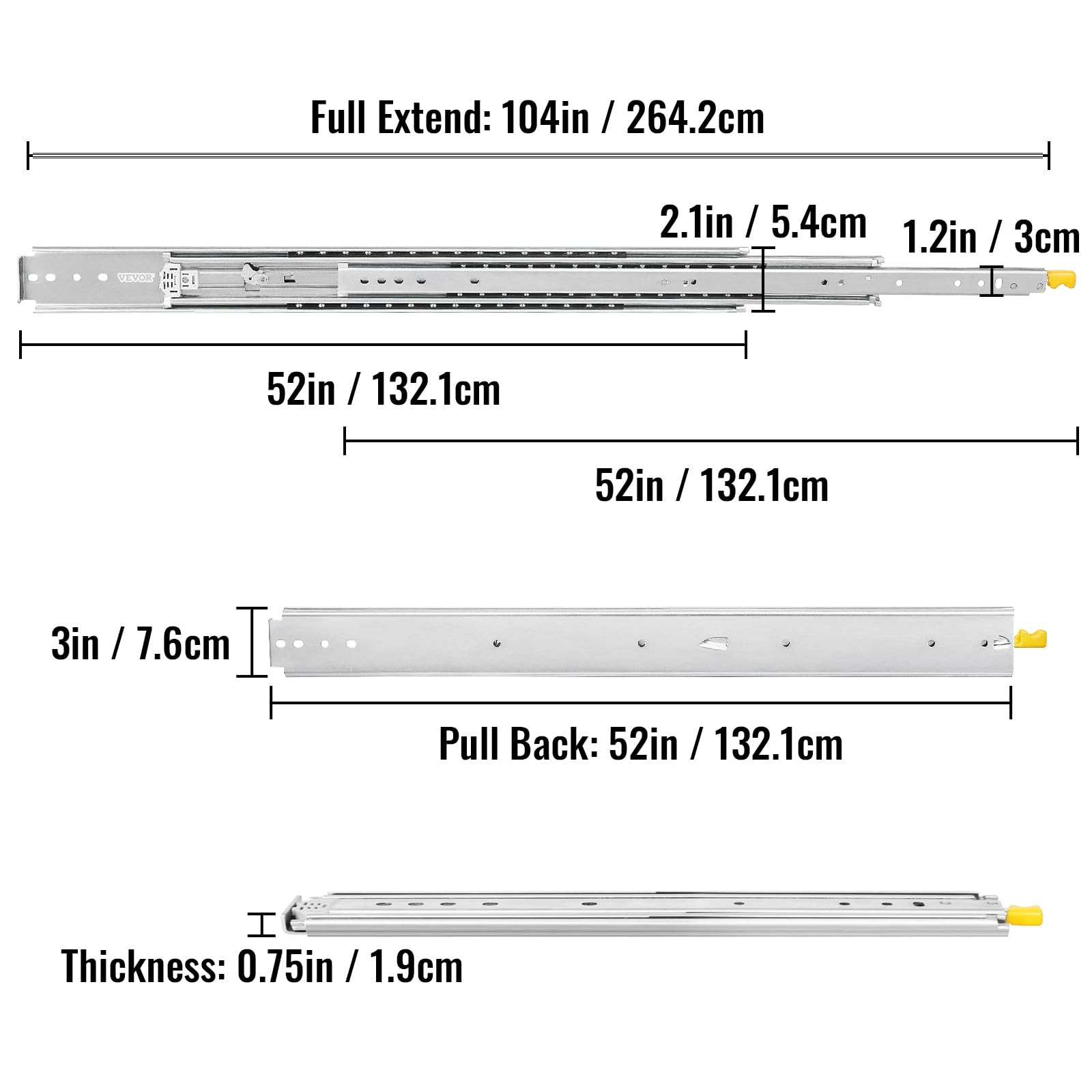 VEVOR Drawer Slides with Lock, 1 Pair 52 inch, Industrial Drawer Slides up to 500 lbs Capacity, 3-Fold Full Extension, Ball Bearing Lock-in & Lock-Out, Side Mount