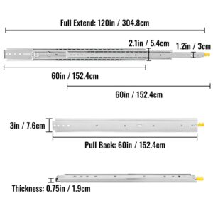 VEVOR Drawer Slides with Lock, 1 Pair 60 inch, Industrial Drawer Slides up to 500 lbs Capacity, 3-Fold Full Extension, Ball Bearing Lock-in & Lock-Out, Side Mount