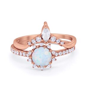 blue apple co. two piece art deco bridal set ring band round marquise rose tone, lab white opal 925 sterling silver size-9