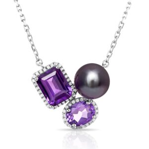 CHAULRI Top Grade Tahitian Black Pearl & Amethyst Necklace - 18K Gold over Sterling - Adjustable 19" - Feb/June Birthstone, Ombre Effect