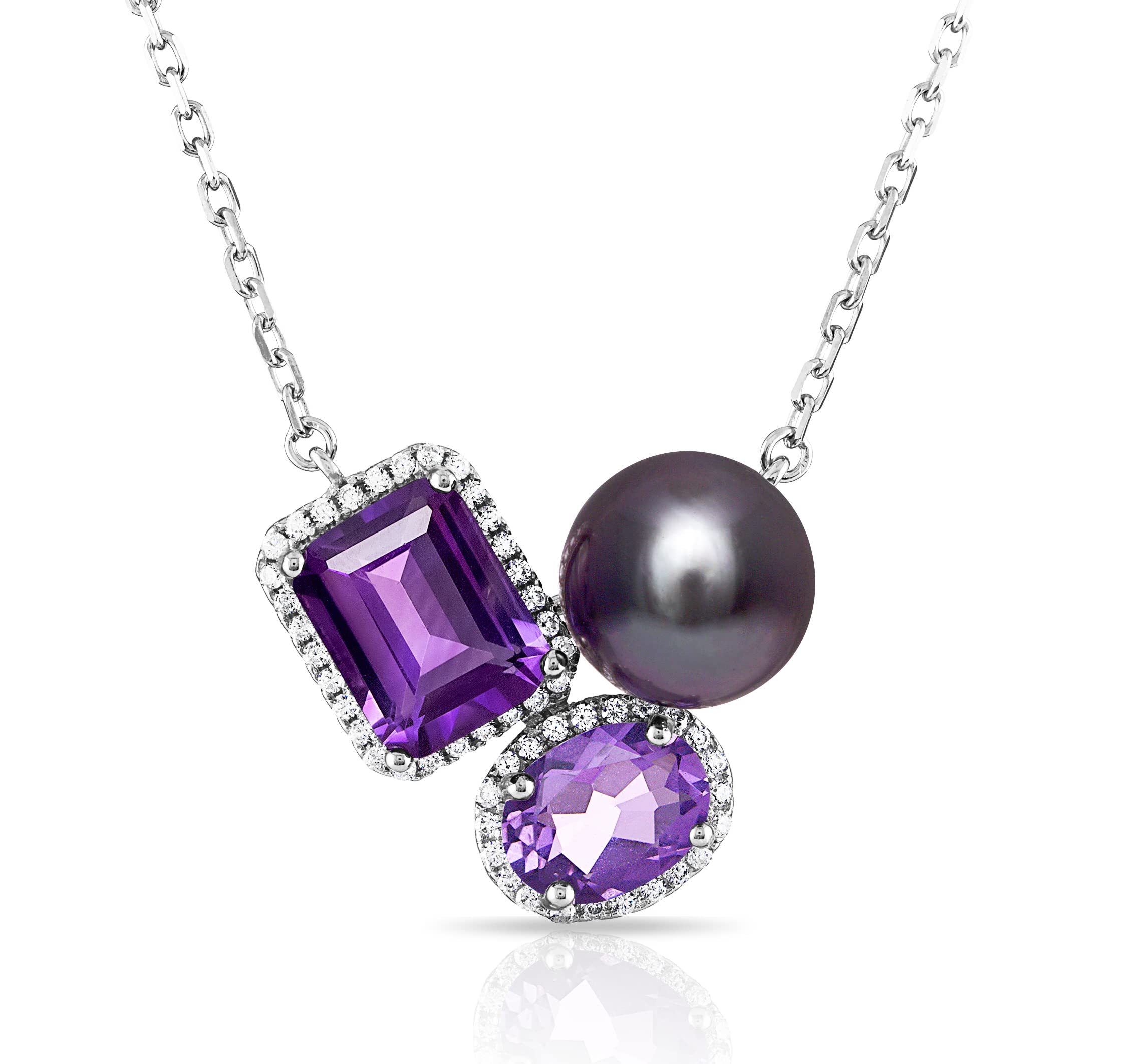 CHAULRI Top Grade Tahitian Black Pearl & Amethyst Necklace - 18K Gold over Sterling - Adjustable 19" - Feb/June Birthstone, Ombre Effect