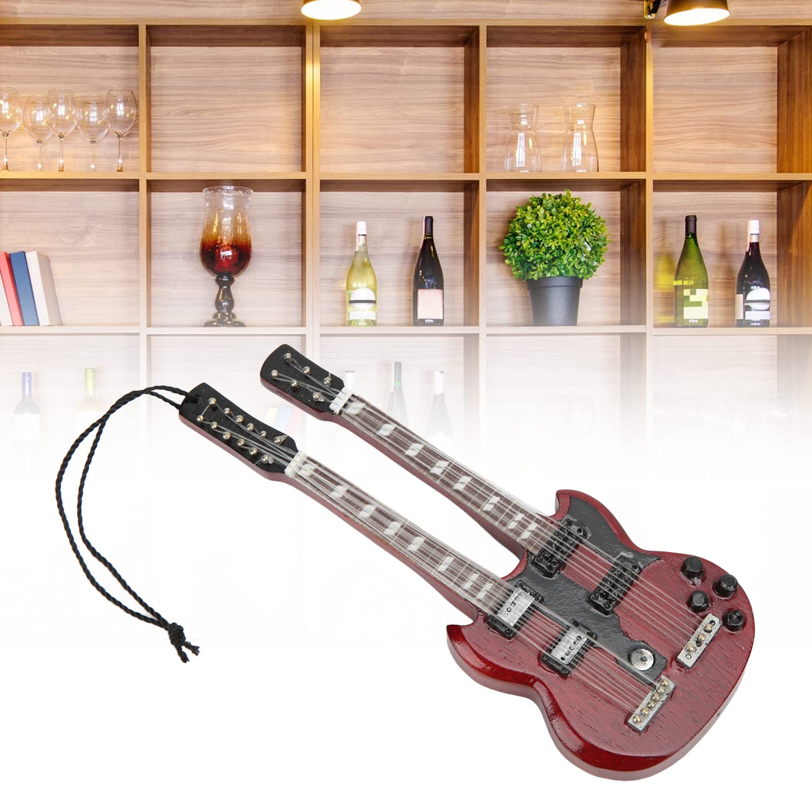 HEEPDD Miniature Guitar Model, Double Neck Bass Guitar Pendant Mini Wooden Guitar Ornament for Home Display Decoration