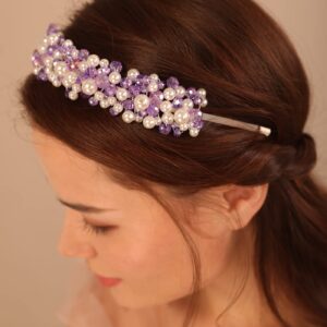 Kercisbeauty Purple Crystal and Pearl Hair Tiara for Girls Prom Wedding Bridal Handmade Crown Women Special Occasion Boho Jewelry (Purple)